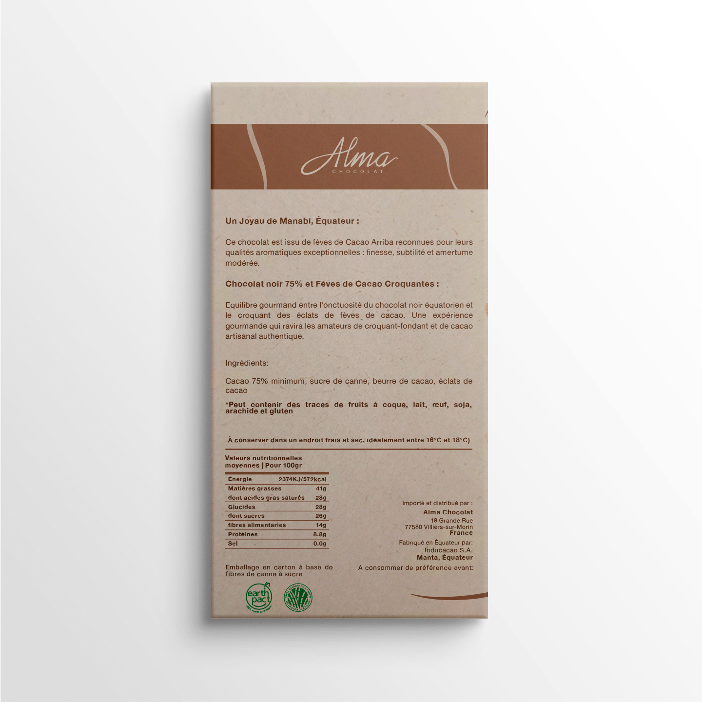 Ingrédients et informations nutritionnelles de la tablette chocolat noir fèves de cacao croquantes – Alma Chocolat