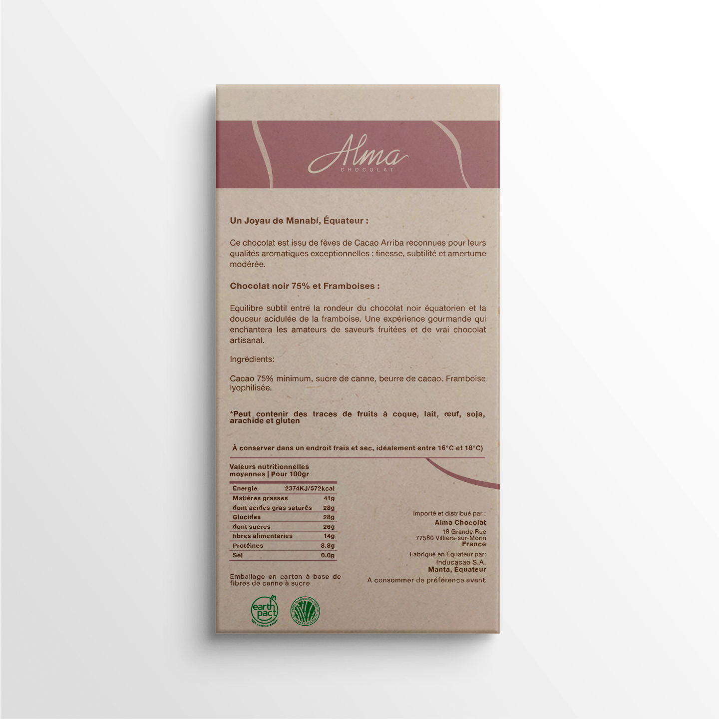 Ingrédients et valeurs nutritionnelles de la tablette de chocolat noir framboise – Alma Chocolat