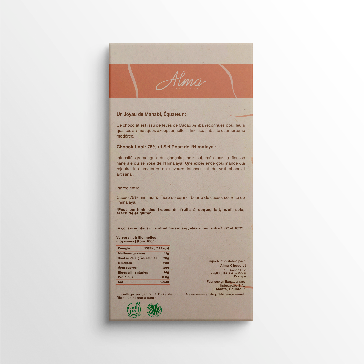 Ingrédients et informations nutritionnelles de la tablette chocolat noir 75% sel rose de l’Himalaya – Alma Chocolat