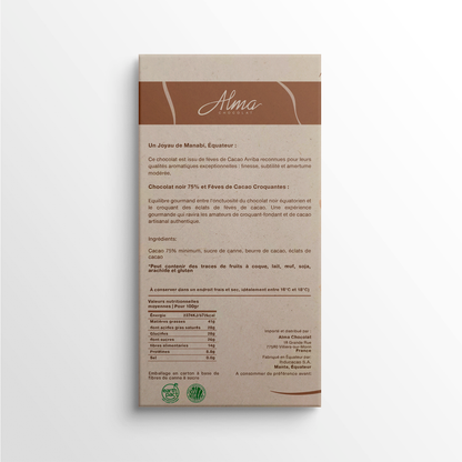 Ingrédients et informations nutritionnelles de la tablette chocolat noir fèves de cacao croquantes – Alma Chocolat