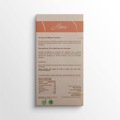 Ingrédients et informations nutritionnelles de la tablette chocolat noir 75% sel rose de l’Himalaya – Alma Chocolat